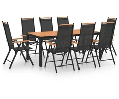 Lauko baldų komplektas Sodo valgomojo baldų komplektas, 9 dalių, juodas, aluminis