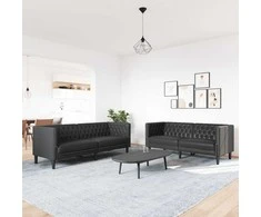 Sofa Chesterfield sofų komplektas, 2 dalių, juodas, dirbtinė oda