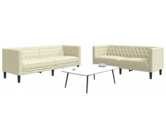 Sofa Chesterfield sofų komplektas, 2 dalių, kreminė, dirbtinė oda
