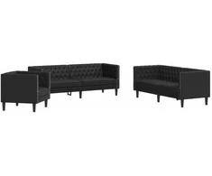 Sofa Chesterfield sofų komplektas, 3 dalių, juodas, dirbtinė oda