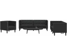 Sofa Chesterfield sofų komplektas, 3 dalių, juodas, dirbtinė oda