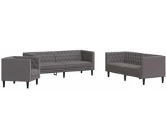Sofa Chesterfield sofų komplektas, 3 dalių, pilkas, dirbtinė oda