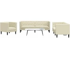 Sofa Chesterfield sofų komplektas, 3 dalių, kreminė, dirbtinė oda