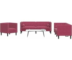 Sofa Chesterfield sofų komplektas su pagalvėlėmis, 3 dalių, raudona