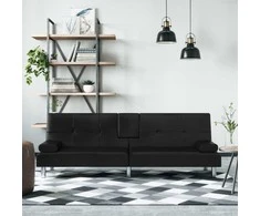 Sofa-lova su puodelių laikikliais, juodos spalvos, dirbtinė oda