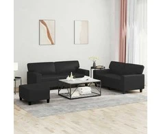 Sofa Sofos komplektas, 3 dalių, juodos spalvos, dirbtinė oda