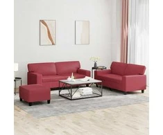Sofa Sofos komplektas, 3 dalių, raudonojo vyno spalvos, dirbtinė oda