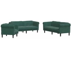 Sofa Sofos komplektas, 3 dalių, tamsiai žalios spalvos, aksomas