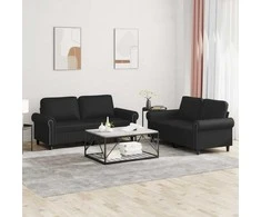 Sofa Sofos komplektas su pagalvėlėmis, 2 dalių, juodas, dirbtinė oda