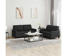 Sofa Sofos komplektas su pagalvėlėmis, 2 dalių, juodas, dirbtinė oda