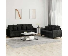 Sofa Sofos komplektas su pagalvėlėmis, 2 dalių, juodas, aksomas