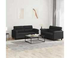Sofa Sofos komplektas su pagalvėlėmis, 2 dalių, juodas, dirbtinė oda