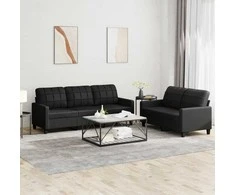 Sofa Sofos komplektas su pagalvėlėmis, 2 dalių, juodas, dirbtinė oda