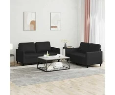 Sofa Sofos komplektas su pagalvėlėmis, 2 dalių, juodas, dirbtinė oda