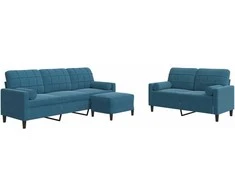 Sofa Sofos komplektas su pagalvėlėmis, 3 dalių, mėlynas, aksomas