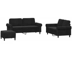 Sofa Sofos komplektas su pagalvėlėmis, 3 dalių, juodas, aksomas
