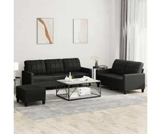 Sofa Sofos komplektas su pagalvėlėmis, 3 dalių, juodas, dirbtinė oda