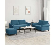 Sofa Sofos komplektas su pagalvėlėmis, 3 dalių, mėlynas, aksomas