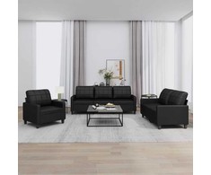 Sofa Sofos komplektas su pagalvėlėmis, 3 dalių, juodas, dirbtinė oda