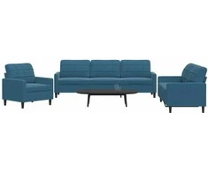 Sofa Sofos komplektas su pagalvėlėmis, 3 dalių, mėlynas, aksomas