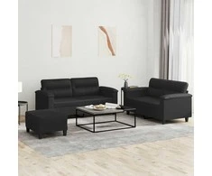 Sofa Sofos komplektas su pagalvėlėmis, 3 dalių, juodas, dirbtinė oda