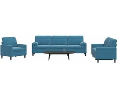 Sofa Sofos komplektas su pagalvėlėmis, 3 dalių, mėlynas, aksomas
