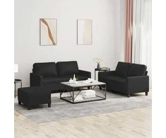 Sofa Sofos komplektas su pagalvėlėmis, 3 dalių, juodas, dirbtinė oda