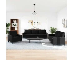 Sofa Sofos komplektas su pagalvėlėmis, 3 dalių, juodas, aksomas