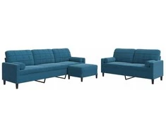 Sofa Sofos komplektas su pagalvėlėmis, 3 dalių, mėlynas, aksomas