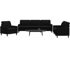 Sofa Sofos komplektas su pagalvėlėmis, 3 dalių, juodas, aksomas