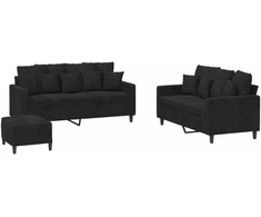 Sofa Sofos komplektas su pagalvėlėmis, 3 dalių, juodas, aksomas