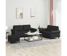Sofa Sofos komplektas su pagalvėlėmis, 3 dalių, juodas, dirbtinė oda