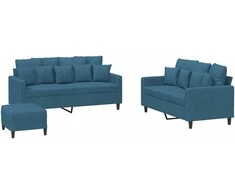 Sofa Sofos komplektas su pagalvėlėmis, 3 dalių, mėlynas, aksomas