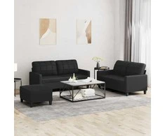 Sofa Sofos komplektas su pagalvėlėmis, 3 dalių, juodas, dirbtinė oda