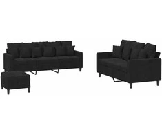 Sofa Sofos komplektas su pagalvėlėmis, 3 dalių, juodas, aksomas
