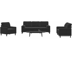 Sofa Sofos komplektas su pagalvėlėmis, 3 dalių, juodas, aksomas
