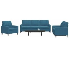 Sofa Sofos komplektas su pagalvėlėmis, 3 dalių, mėlynas, aksomas