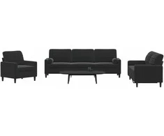 Sofa Sofos komplektas su pagalvėlėmis, 3 dalių, juodas, aksomas