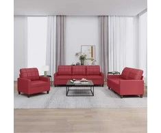 Sofa Sofos komplektas su pagalvėlėmis, 3 dalių, vyno, dirbtinė oda