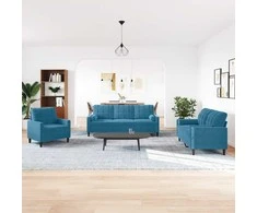 Sofa Sofos komplektas su pagalvėlėmis, 3 dalių, mėlynas, aksomas