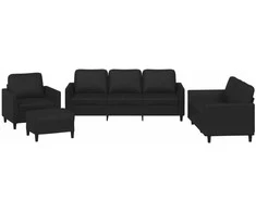 Sofa Sofos komplektas su pagalvėlėmis, 4 dalių, juodas, dirbtinė oda
