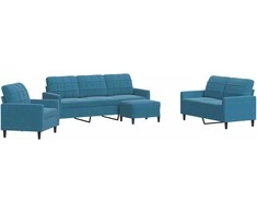 Sofa Sofos komplektas su pagalvėlėmis, 4 dalių, mėlynas, aksomas