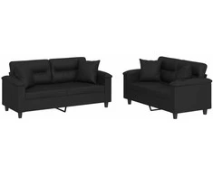 Sofa Sofos komplektas su pagalvėmis, 2 dalių, juodas, dirbtinė oda