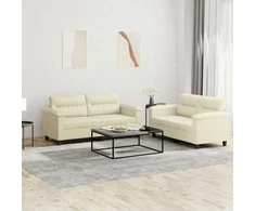 Sofa Sofos komplektas su pagalvėmis, 2 dalių, kreminis, dirbtinė oda