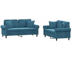 Sofa Sofos komplektas su pagalvėmis, 2 dalių, mėlynas, aksomas
