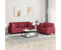 Sofa Sofos komplektas su pagalvėmis, 2 dalių, vyno, dirbtinė oda