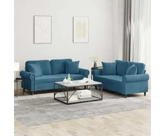 Sofa Sofos komplektas su pagalvėmis, 2 dalių, mėlynas, aksomas