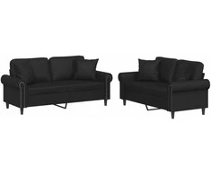 Sofa Sofos komplektas su pagalvėmis, 2 dalių, juodas, dirbtinė oda