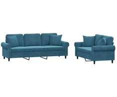 Sofa Sofos komplektas su pagalvėmis, 2 dalių, mėlynas, aksomas