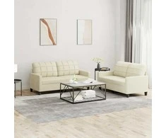 Sofa Sofos komplektas su pagalvėmis, 2 dalių, kreminis, dirbtinė oda